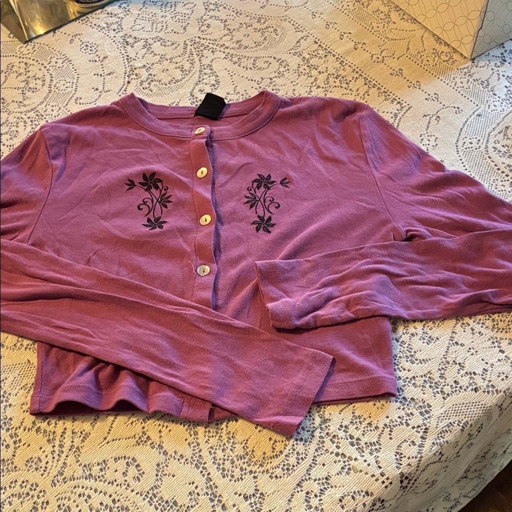 Urban Outfitters Purple Button-Up cropped cotton sweater